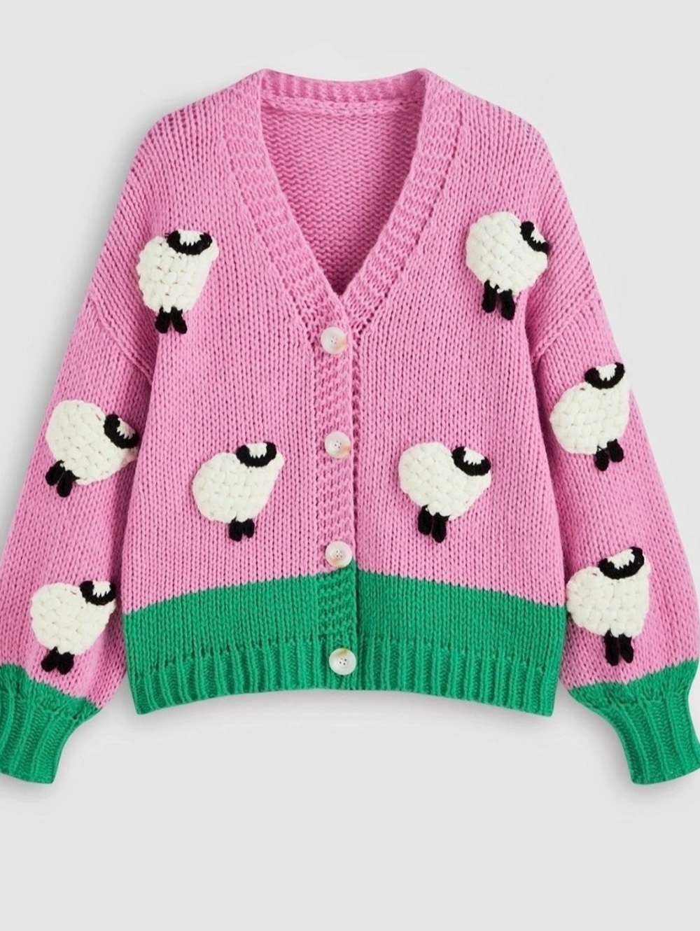 dreamers Sheep Appliqué Cardigan in Pink & Green Size Small Like New